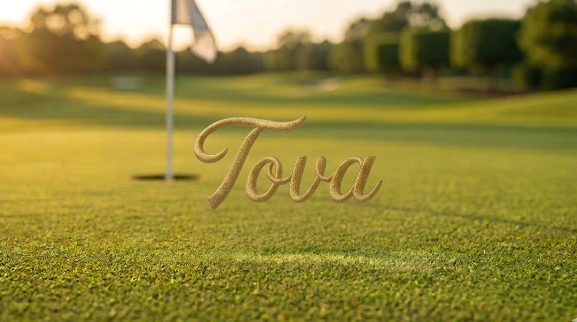 Golf course with a flag and 'Tova' branding in the foreground